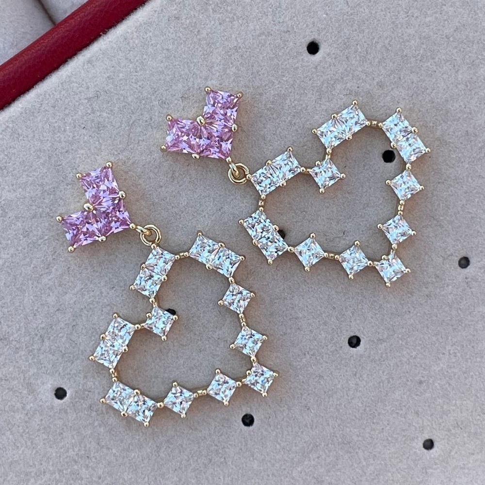 14K Gold Plated Heart Drop Earrings w/ Pink & Clear Diamonte CZ